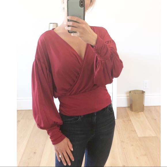 LAST 1! Red Surplice Long Sleeve Top Small - Picture 3 of 10